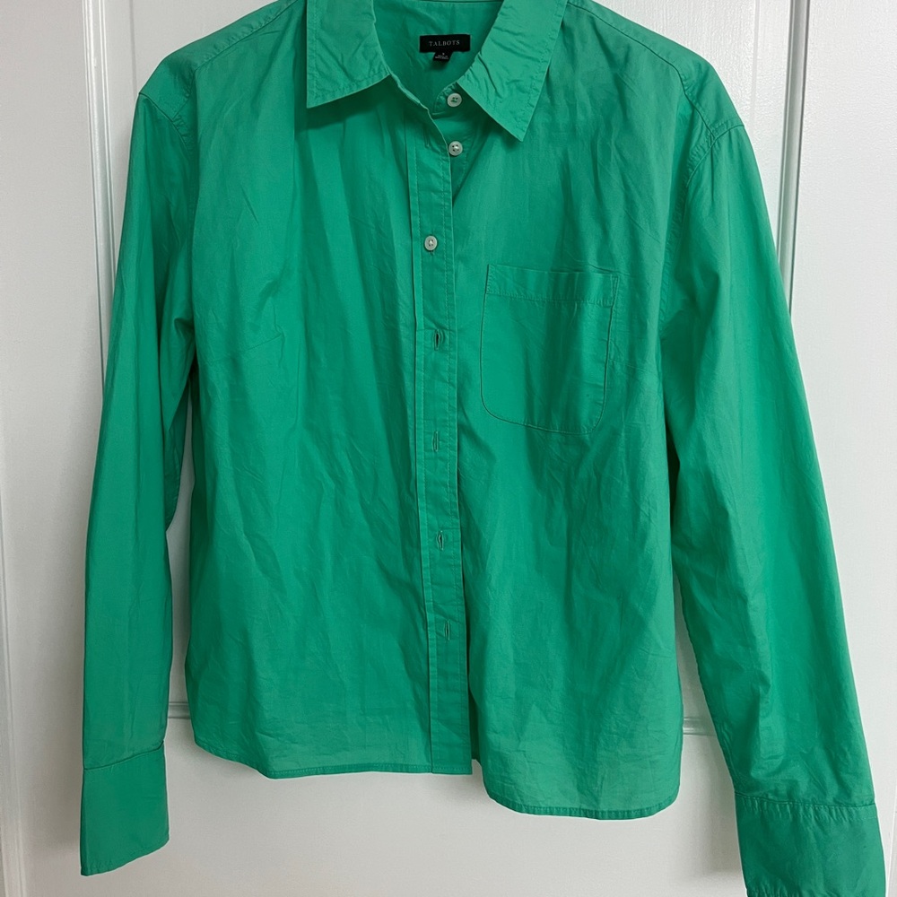 Talbots Green Cotton Poplin Cropped Button-Up Shirt